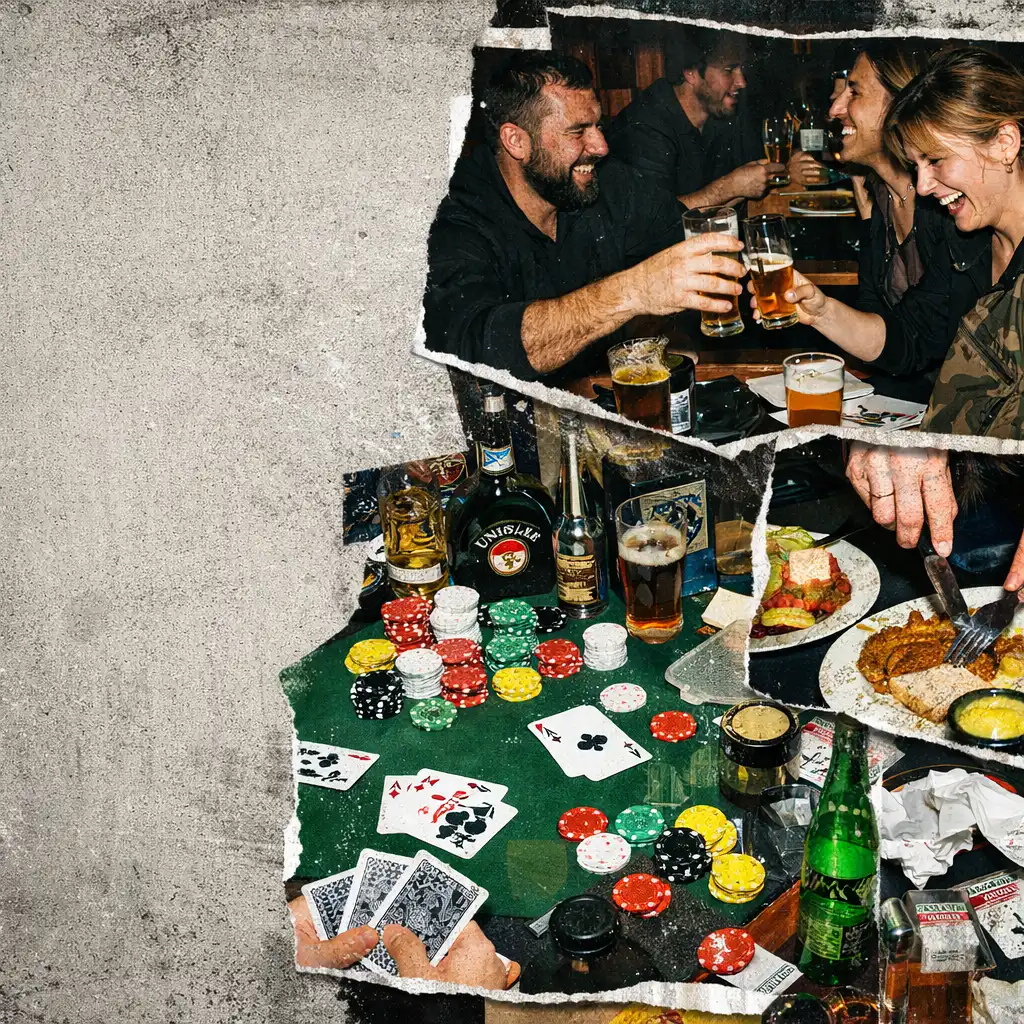 Kollázs póker asztallal, ételekkel és baráti társasággal
