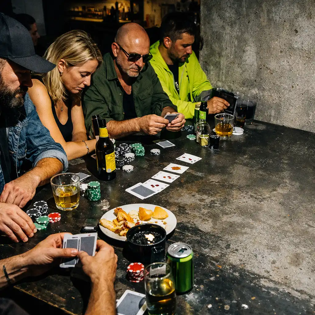Asztal körül ülő társaság poker jellegű eseményen